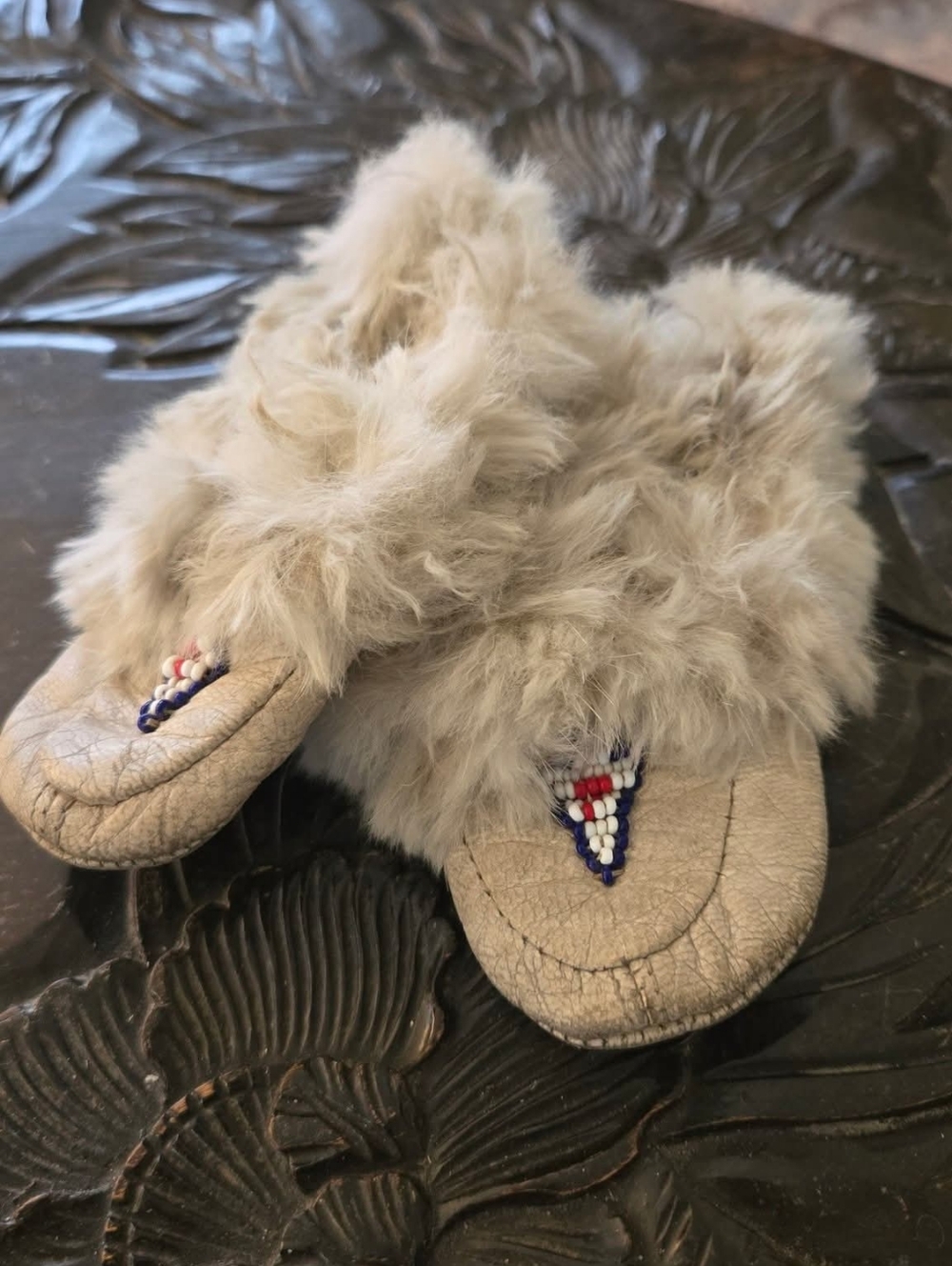 Vintage Handcrafted Toddler Or BABY Moccasins - Furry With Beads